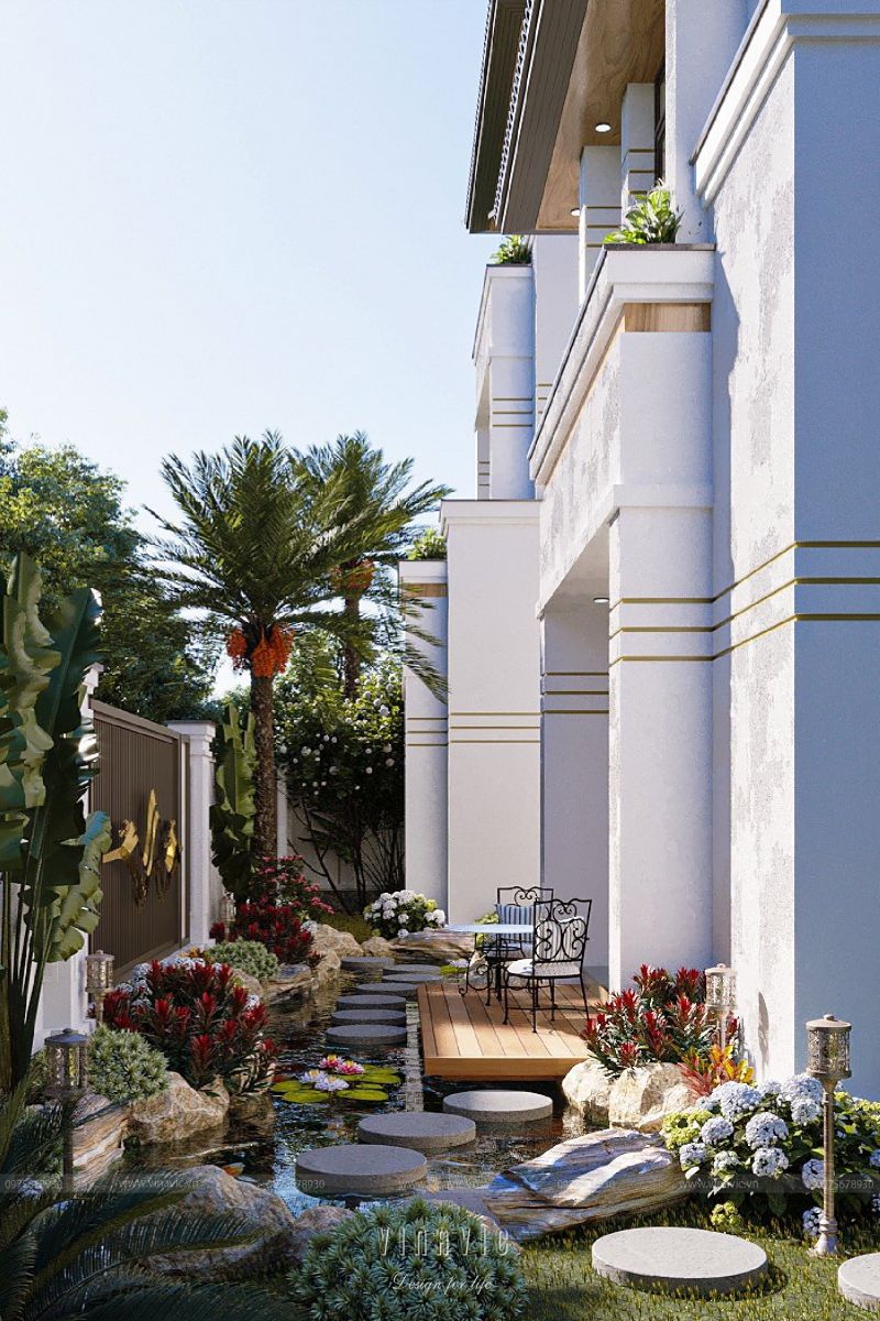 Cận cảnh khuôn viên sân vườn biệt thự hiện đại đẹp 3 tầng 272m2