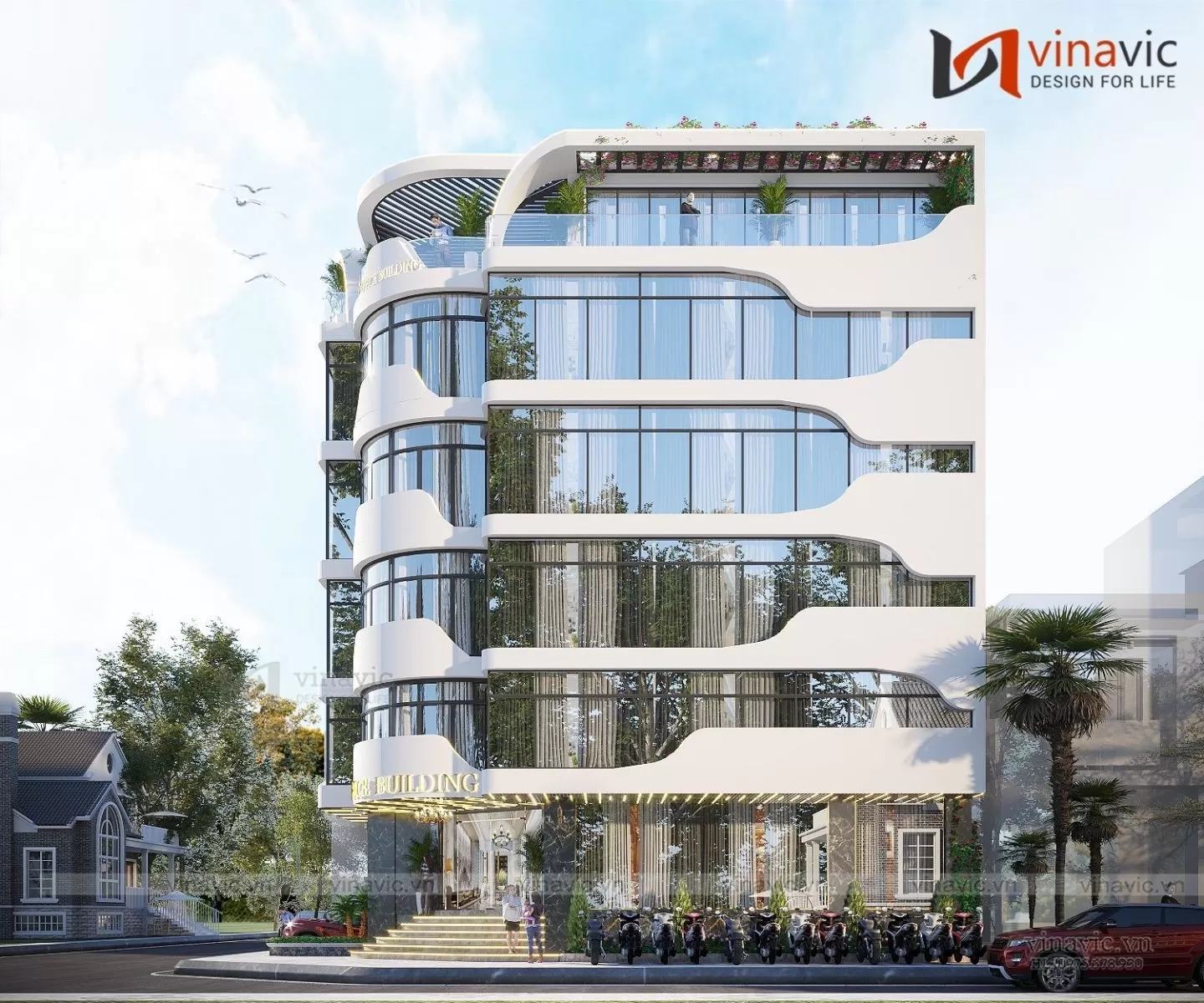 Phối cảnh góc nghiêng với cửa kính và khu vực để xe vỉa hè nhà văn phòng hiện đại BT2303