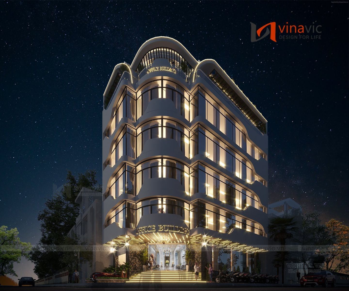 Mặt tiền về đêm toà văn phòng kết hợp nhà ở hiện đại 5 tầng 1 hầm 145m2