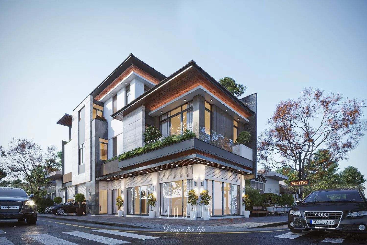 Phối cảnh biệt thự hiện đại 3 tầng 2 mặt tiền