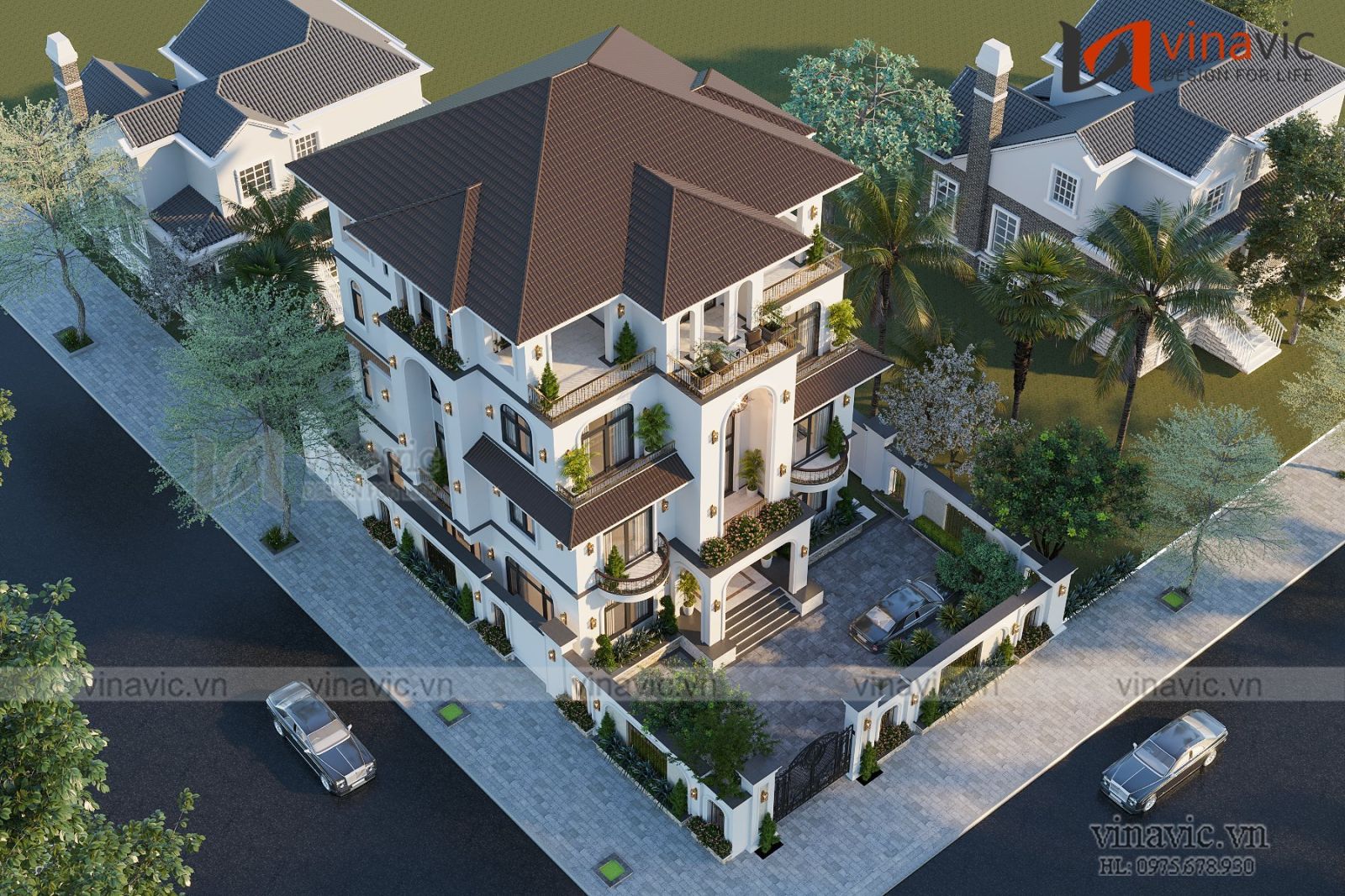 Phối cảnh từ trên cao mẫu biệt thự 4 tầng 2 mặt tiền