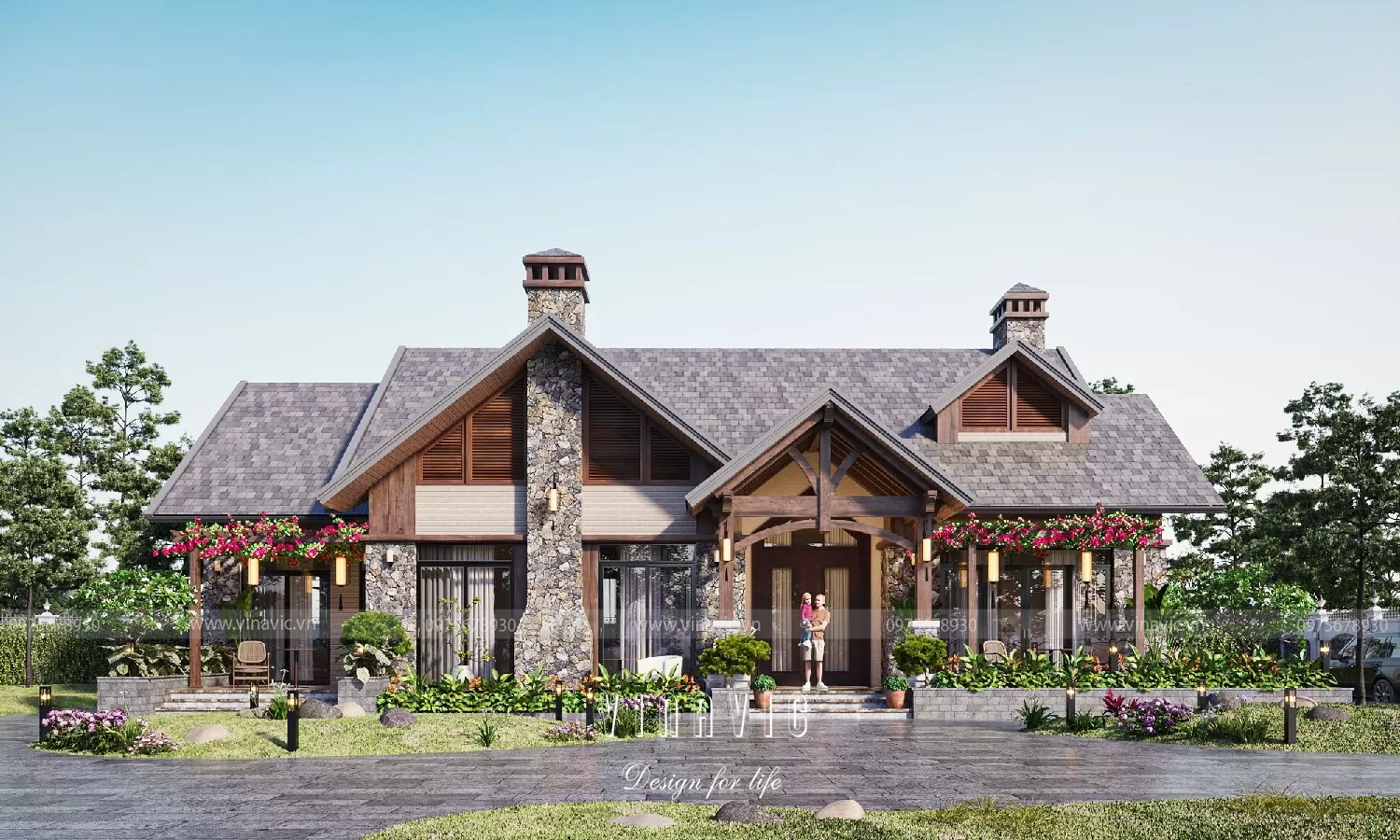  Thiết kế nhà 1 tầng 3 phòng ngủ nghỉ dưỡng bằng gỗ và đá