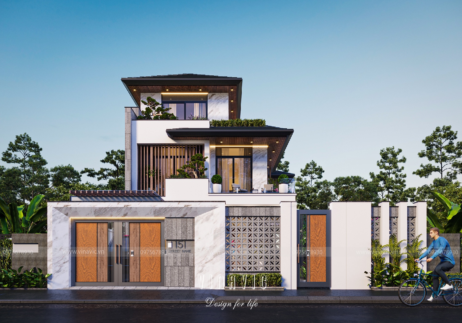 Hình dựng 3D thể hiện mặt tiền mẫu biệt thự 135m2 3 tầng 9x15m