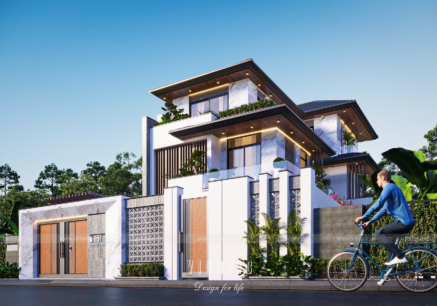 Phối cảnh góc nghiêng căn nhà chữ L 3 tầng 9x15m BT2135