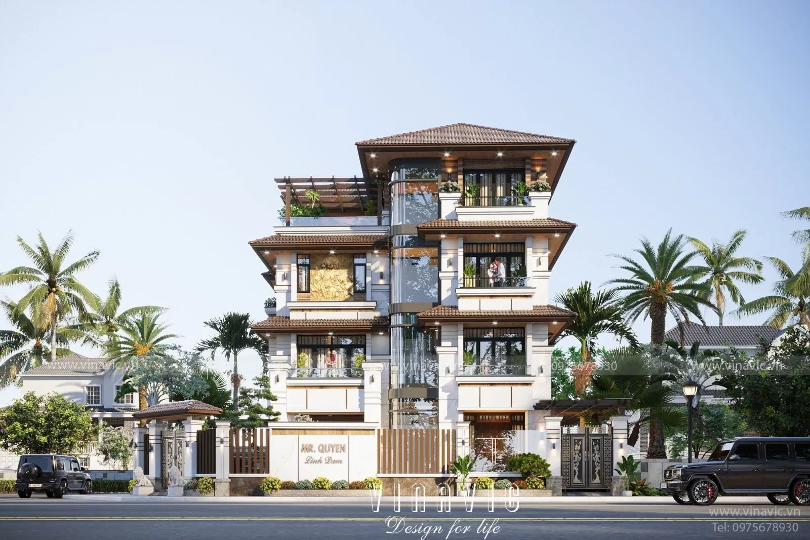 Mặt tiền biệt thự phố hiện đại bốn tầng 11.5 x 10.5m