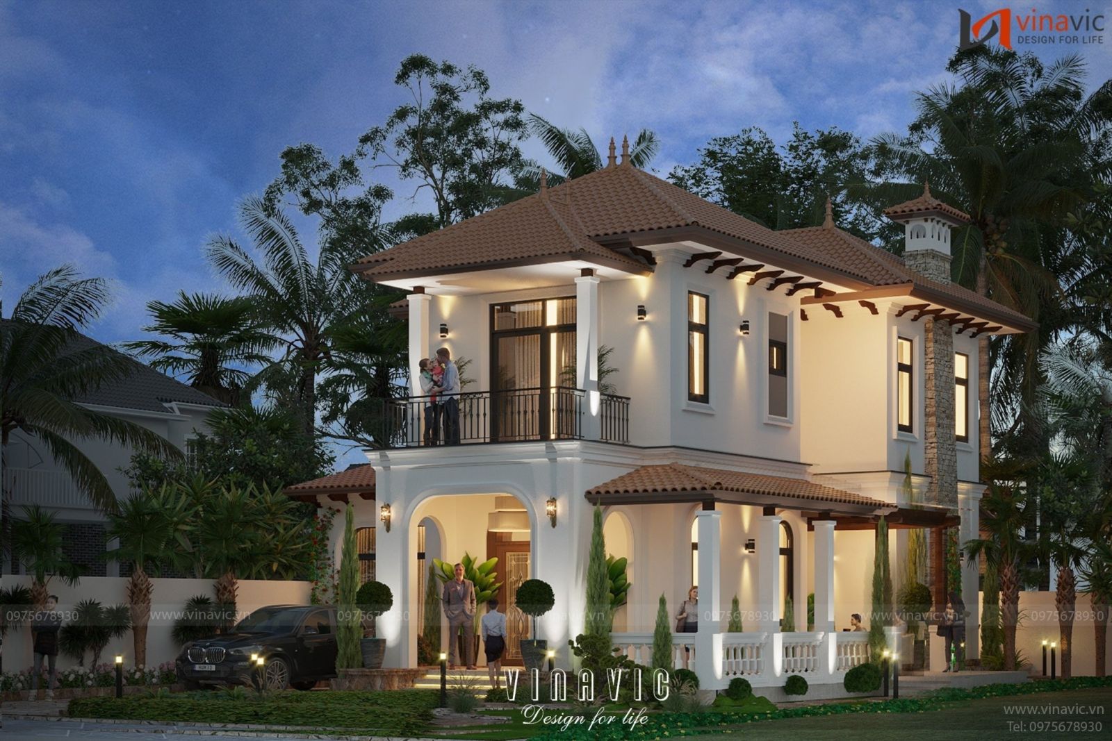 Nhìn từ xa, biệt thự nổi bật với mái Nhật được ốp gạch đỏ cam, sơn tường màu trắng.