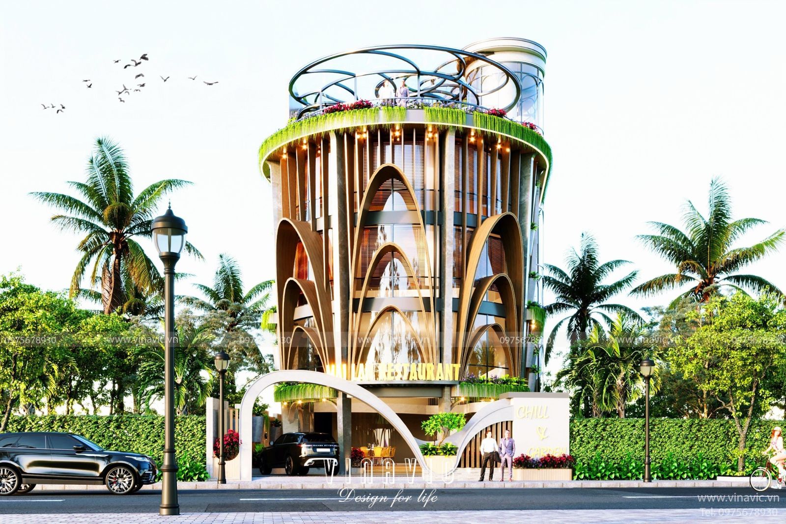 Phối cảnh mặt tiền mẫu nhà hàng 5 tầng sang trọng hiện đại