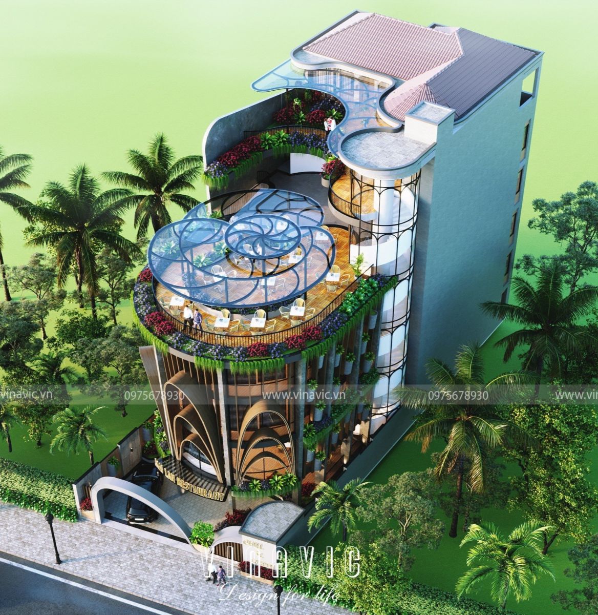 Cận cảnh khu vực thang máy bên hông nhà hàng hiện đại