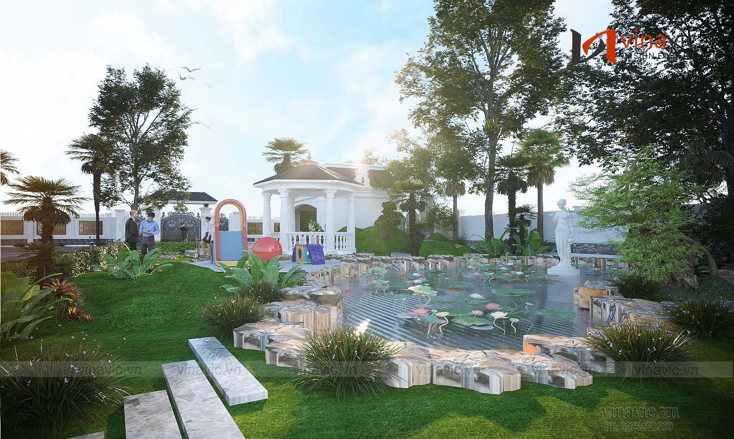 Hồ nước nhân tạo bên cạnh chòi nghỉ mát phong cách tân cổ điển