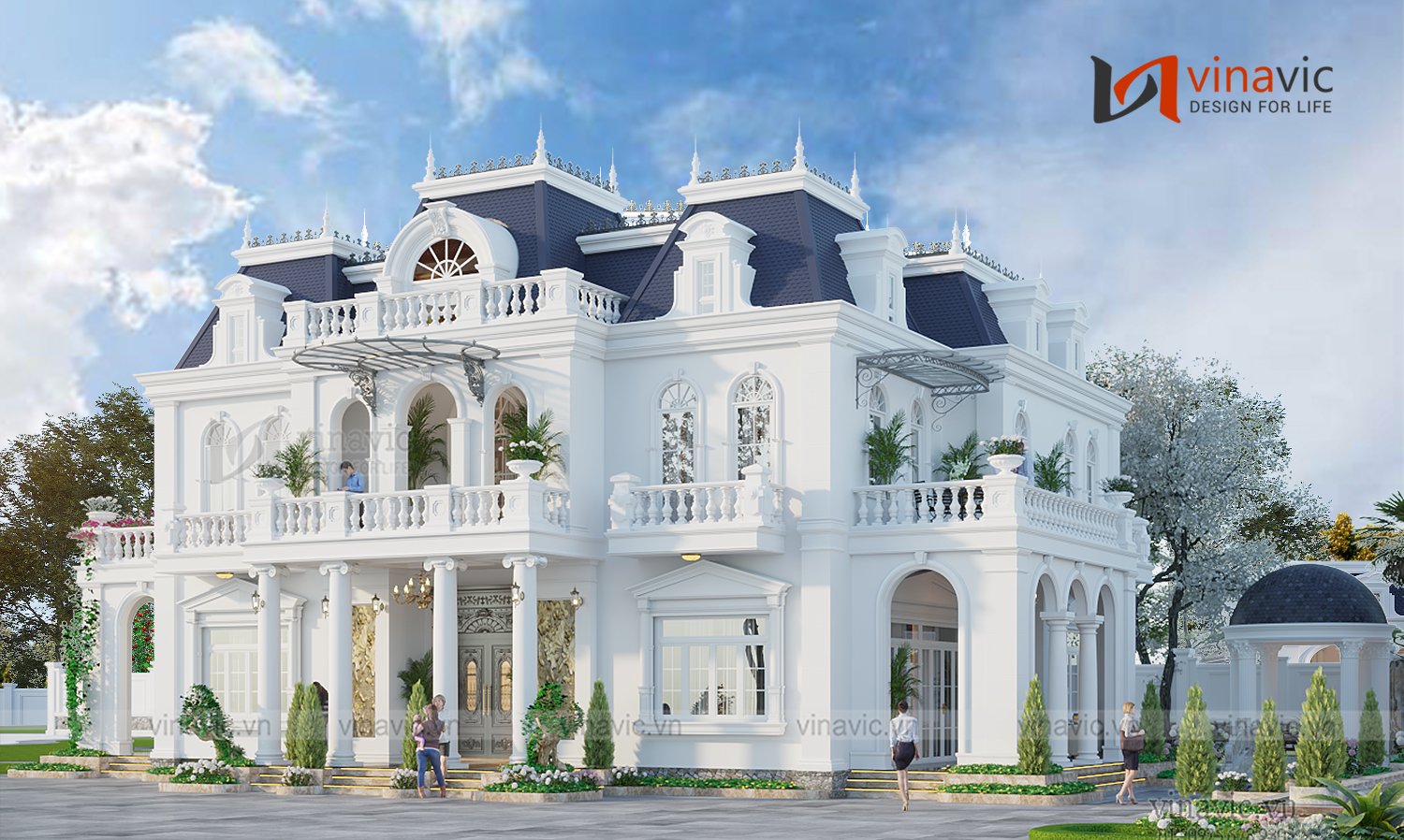 Mặt tiền biệt thự 2 tầng 1 hầm được ốp lát bằng các vật liệu cao cấp