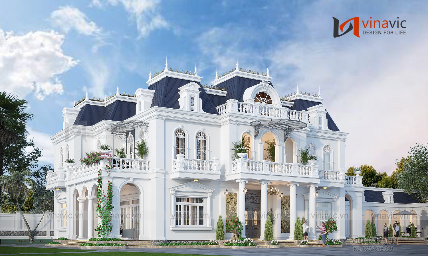 Cận cảnh căn biệt thự trắng phong cách tân cổ điển 2 tầng 1 hầm