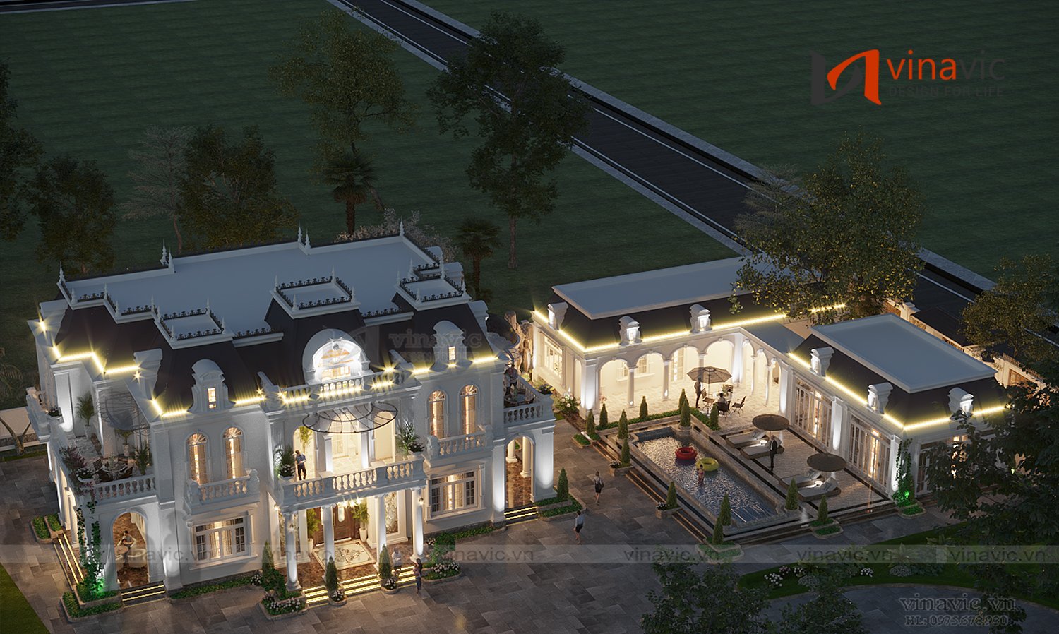 Toàn cảnh kiến trúc căn biệt thự 2 tầng 247m2 tân cổ điển nhìn từ trên cao