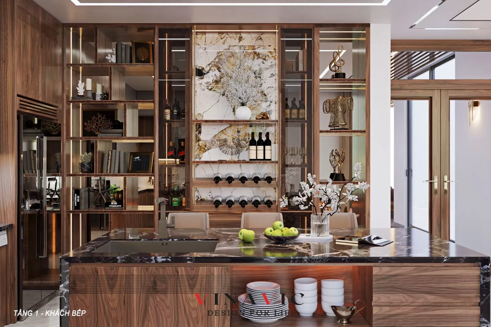 Tủ rượu kệ sách bằng gỗ óc chó