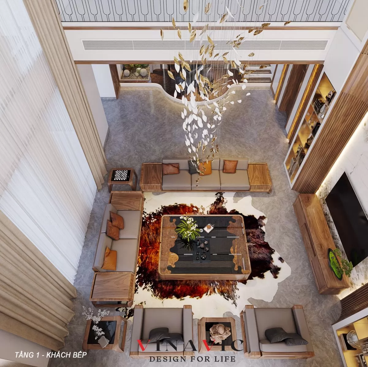 Phòng khách bằng nội thất gỗ óc chó sang trọng