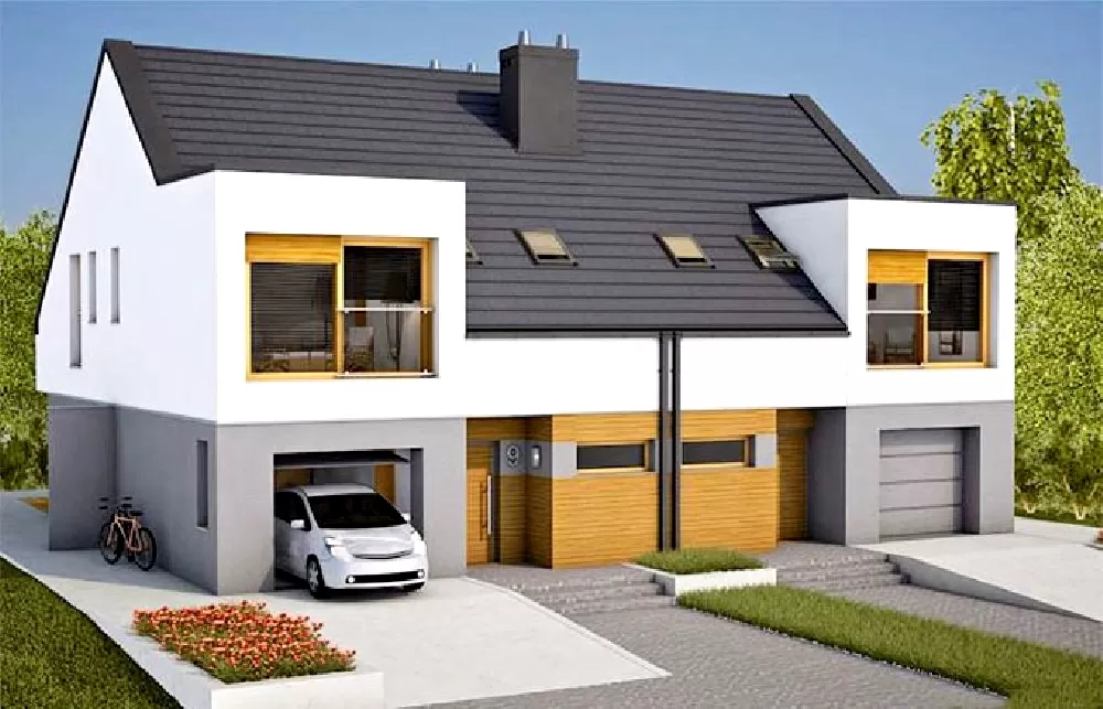 biệt thự với sự hòa trộn của nhiều gam màu khác nhau, bao gồm trắng, vàng kem, nâu, xám