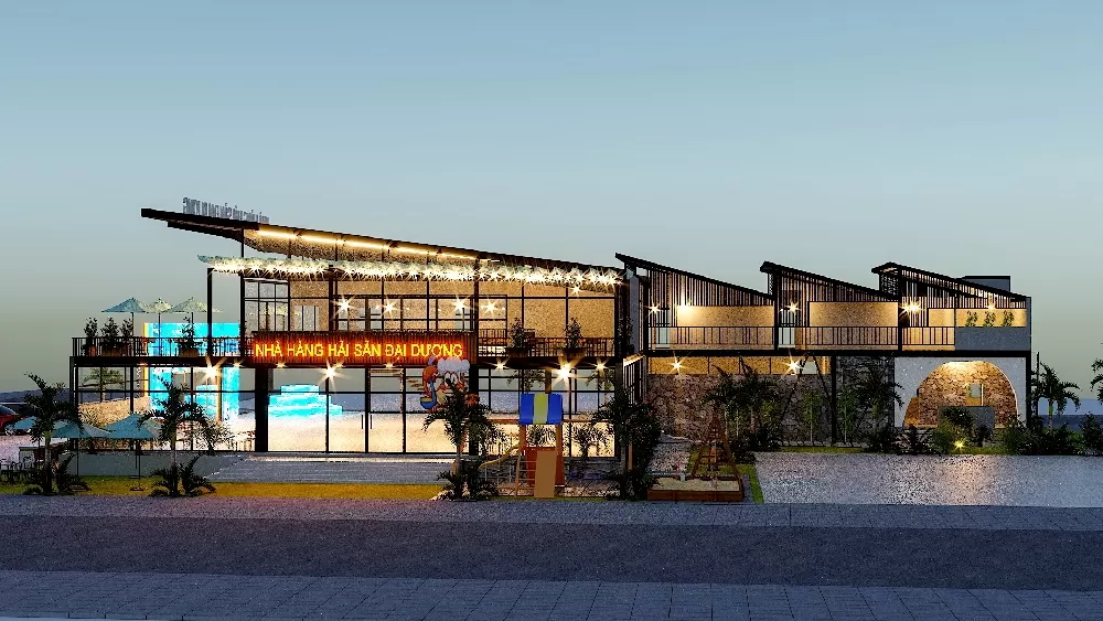 Mặt tiền có biển hiệu nhà hàng với logo và tên nhà hàng được thiết kế đơn giản nhưng tinh tế.