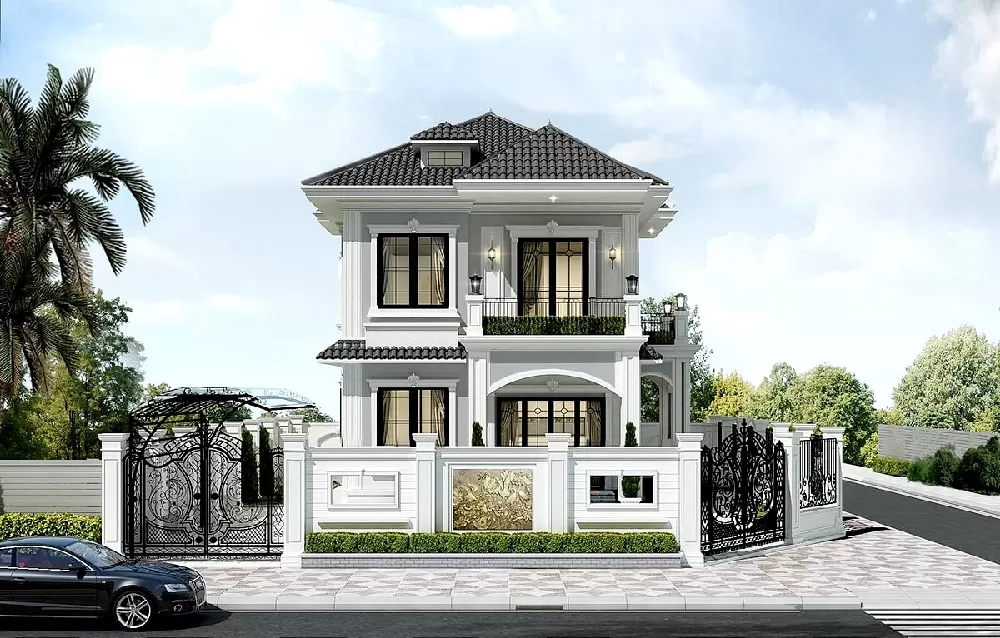 Thiết kế biệt thự 2 tầng với mặt tiền rộng lớn