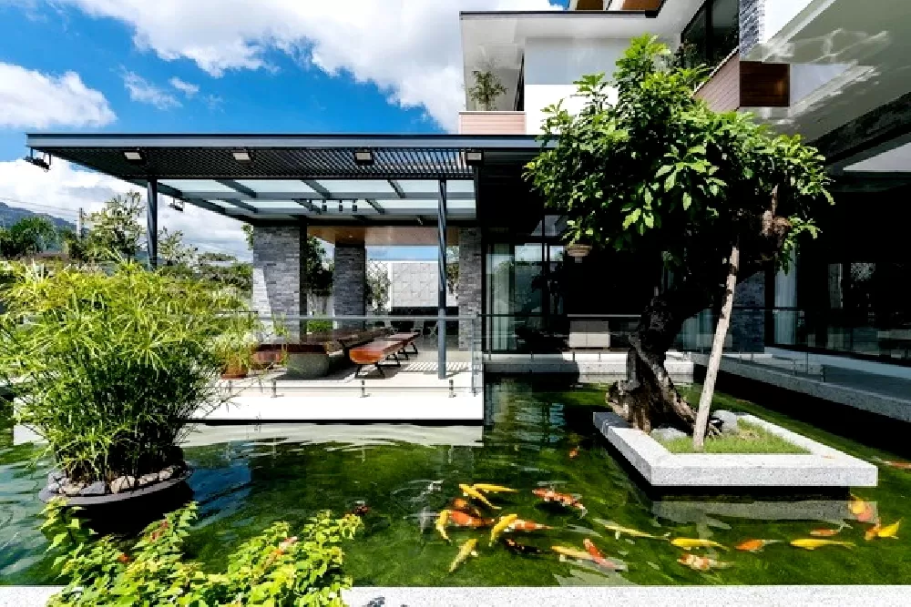 Ngoài hồ cá Koi, xung quanh ngôi nhà còn được trang trí với nhiều cây xanh, hoa cỏ