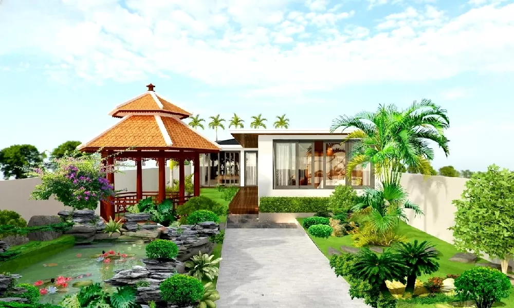 Hồ cá có nhiều cây cối và hoa xung quanh, tạo nên một khung cảnh thiên nhiên tươi mát