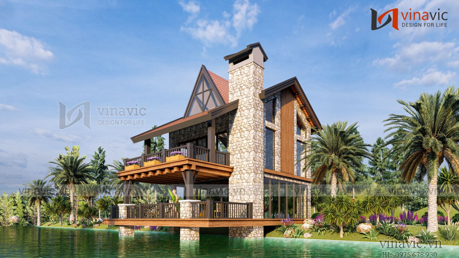 Ống khói là điểm nhấn ngoại thất cho mẫu bungalow đẹp BT2327