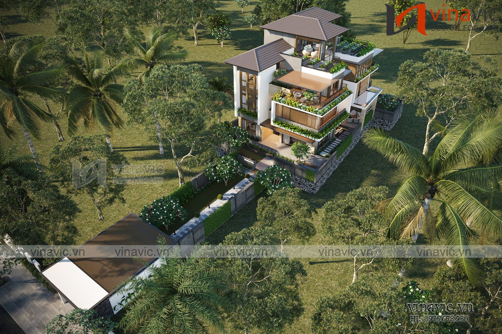 Phối cảnh biệt thự 3 tầng từ trên cao