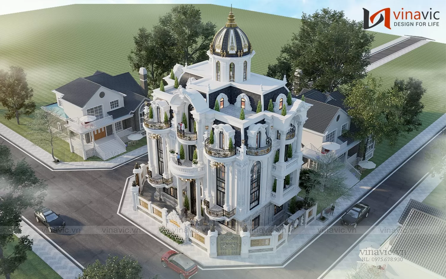 Chi tiết hệ mái Mansard trên biệt thự 2 mặt tiền tân cổ điển, thể hiện sự vương giả, lộng lẫy.