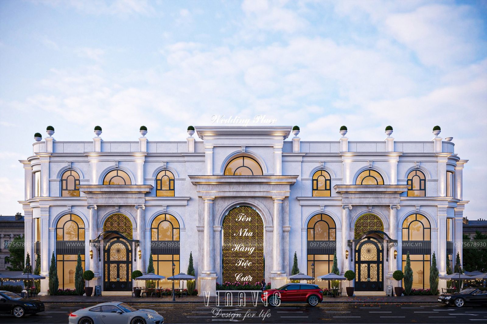 Mặt tiền thanh lịch, trang nhã của trung tâm tiệc cưới sang trọng