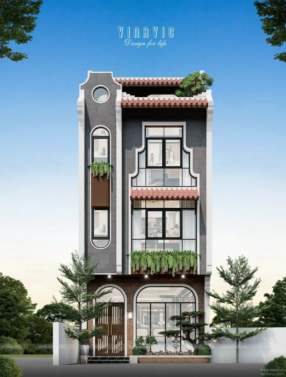 Nhà ống 4 tầng đầy đủ công năng phong cách địa trung hải