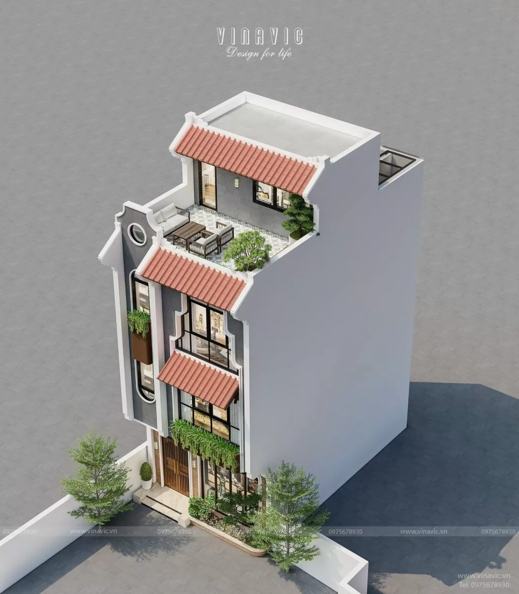 Toàn cảnh thiết kế nhà phố mặt tiền 6m dài 9m  Việc sử dụng các vật liệu phù hợp tạo ra cảm giác dễ chịu và gần gũi với thiên nhiên.