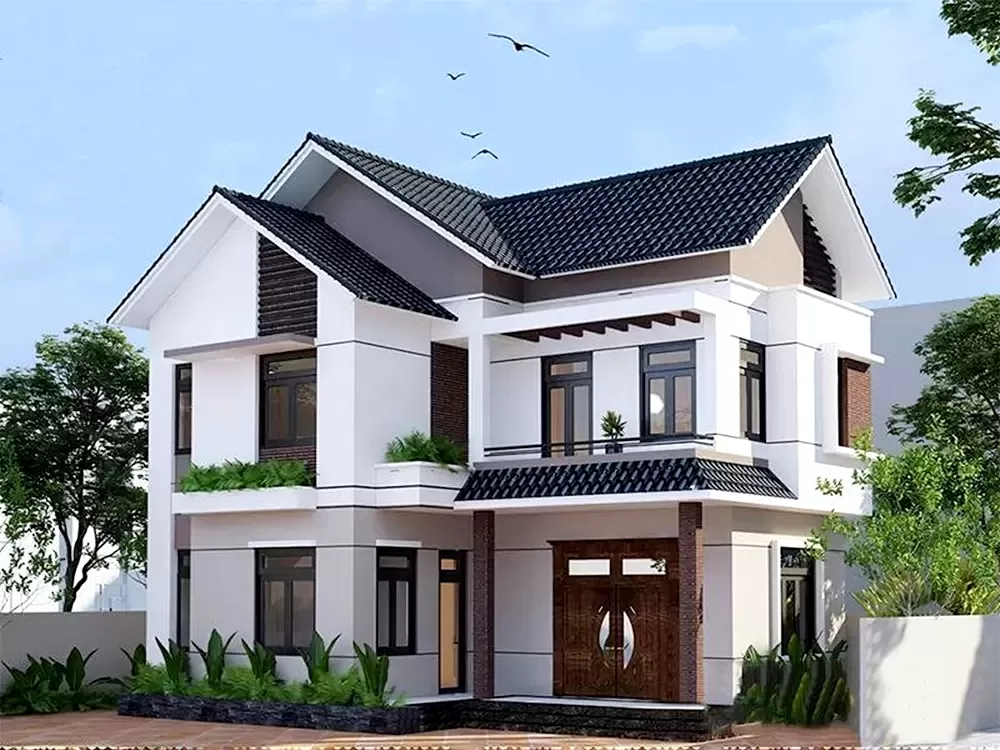 Gam màu trắng chủ đạo kết hợp với màu nâu gỗ tạo nên sự hài hòa cho tổng thể kiến trúc