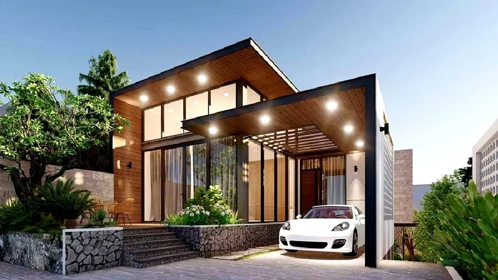 Mẫu nhà chữ L mặt tiền 7m được thiết kế theo phong cách hiện đại với những đường nét vuông vắn