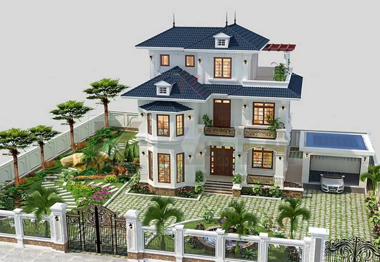 Tiểu cảnh sân vườn đẹp của biệt thự tân cổ điển kiểu Pháp