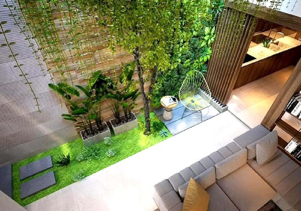 Khu vườn giữa nhà được bố trí nhiều loại cây xanh khác nhau
