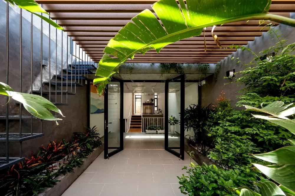 Không gian sân vườn được bao quanh bởi các bức tường nhà và cầu thang