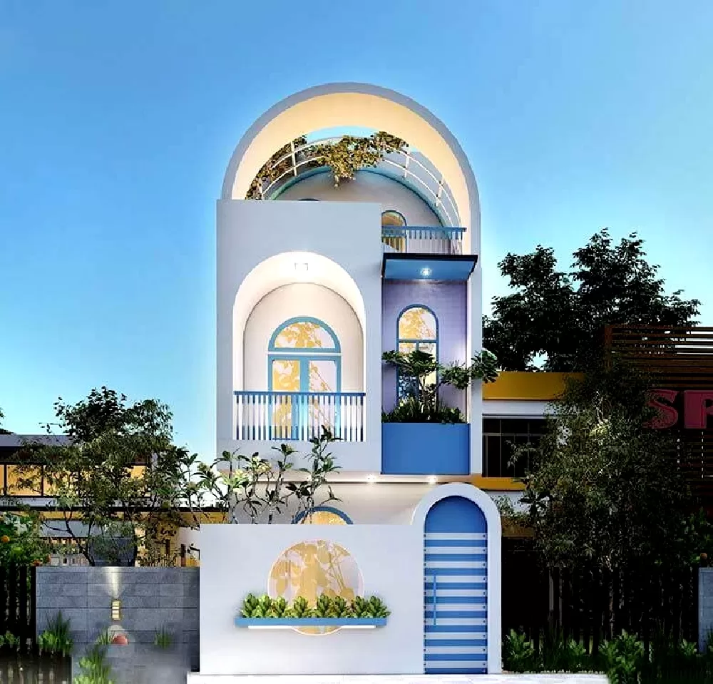 Màu sắc chủ đạo là trắng, kết hợp với màu xanh dương ở phần mái hiên và cửa sổ, tạo nên sự hài hòa và tươi sáng