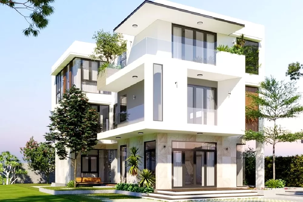 Biệt thự 3 tầng màu trắng mặt tiền rộng lớn