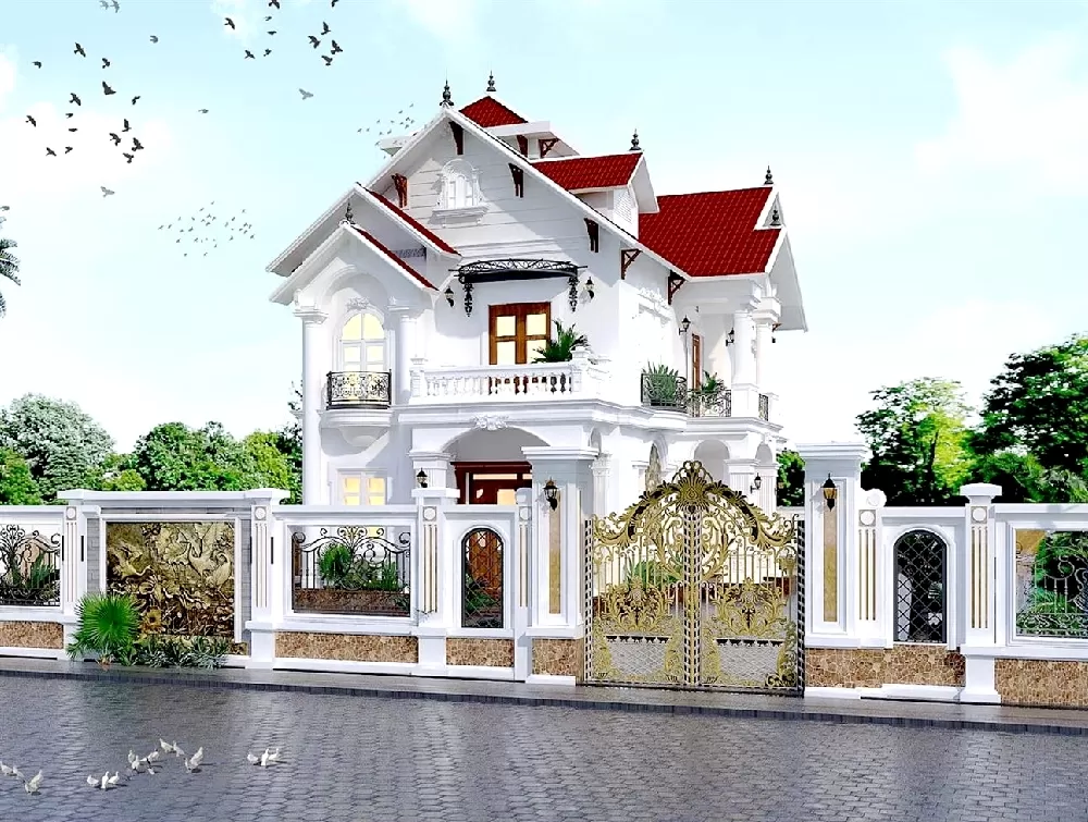 Mái thái đỏ tương phản với tường nhà màu trắng thêm nổi bật