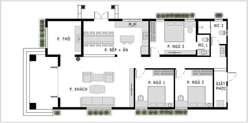 Mặt bằng công năng tầng 1 nhà 100m2 3 phòng ngủ