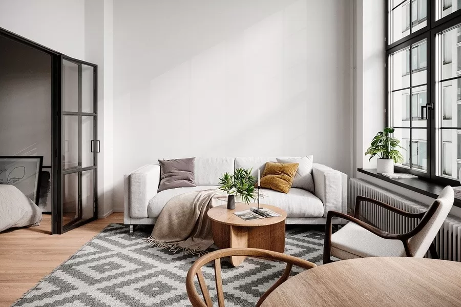 Một góc phòng khách phong cách Bắc Âu được thiết kế theo dạng không gian mở