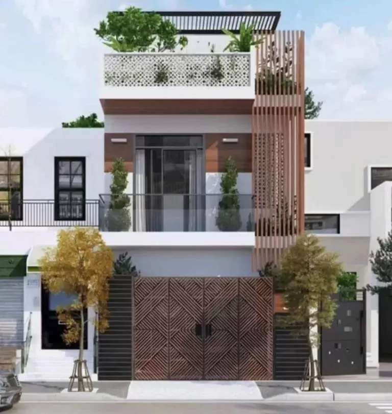 Mẫu nhà 2 tầng mặt tiền 6m 1 tum kết hợp với chất liệu gỗ kiên cố vững chắc