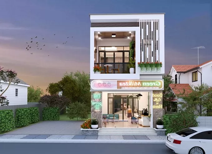 Mẫu nhà 2 tầng mặt tiền 6m phục vụ kinh doanh với mặt tiền rộng rãi, thoáng đãng