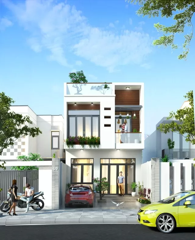 Nhà 2 tầng mặt tiền 6m mái bằng có hình khối độc đáo, vuông vắn