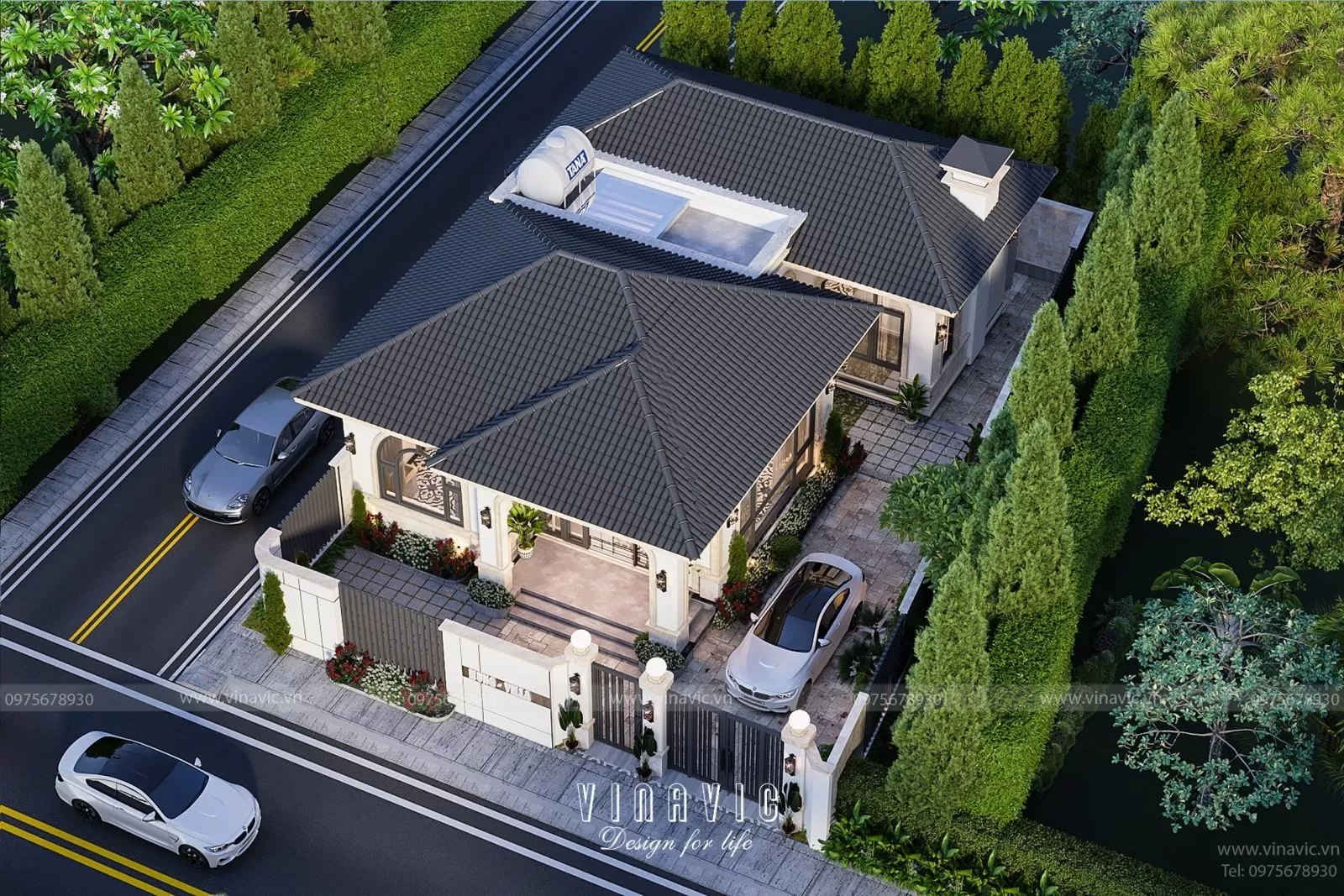 Phối cảnh biệt thự mini tân cổ điển 1 tầng từ trên cao