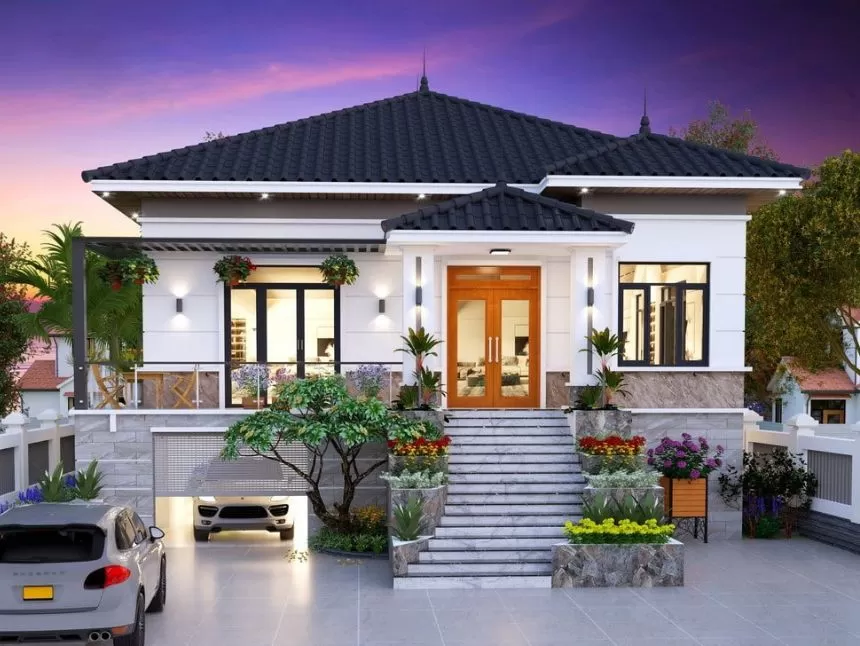 Mẫu nhà vuông 100m2 1 tầng có gara ô tô tiện nghi