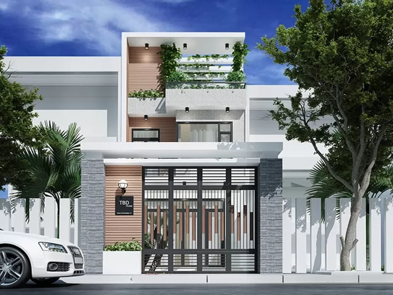 Mẫu nhà 2 tầng 4 phòng ngủ 70m2 có gác lửng rộng rãi