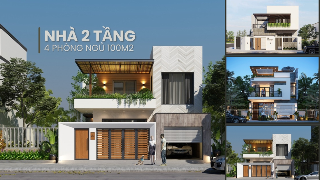 Mẫu nhà 2 tầng 4 phòng ngủ 100m2