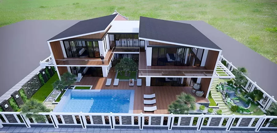 Thiết kế nhà mái lệch 2 tầng chữ U cuốn hút