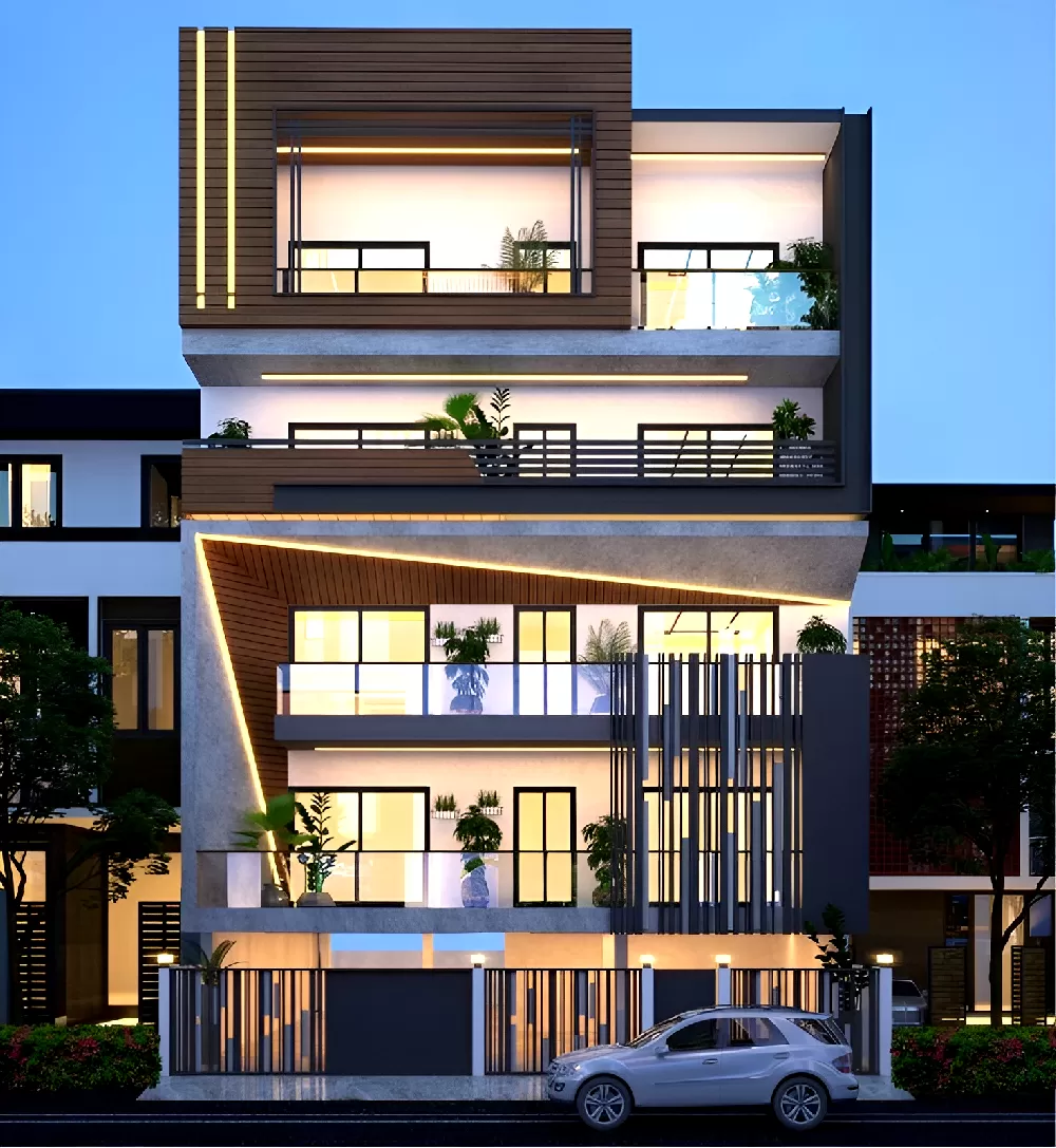 Mẫu nhà 4 tầng 1 tum nổi bật về đêm với hệ đèn chiếu sáng lung linh