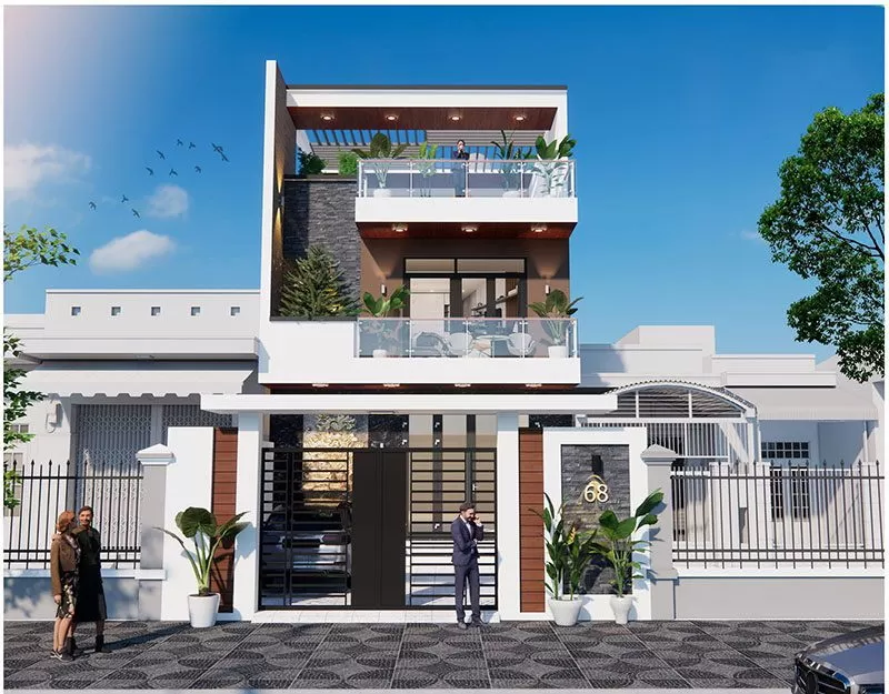 Mẫu nhà vuông 2 tầng 100m2 1 tum hiện đại, phóng khoáng