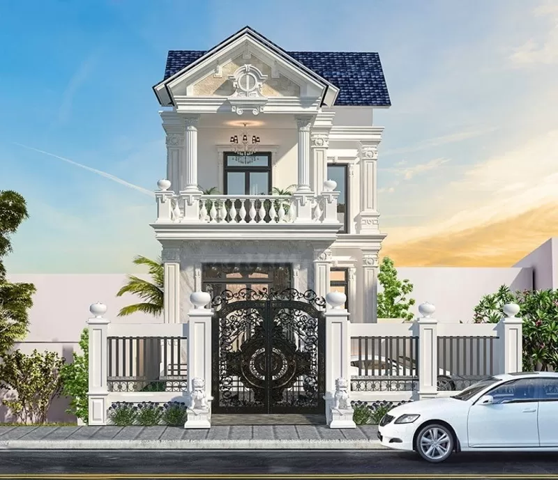 Ngôi nhà phố Tân Cổ Điển mái màu trắng có mặt tiền tương đối rộng
